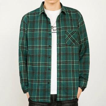 衬衫男长袖外衣新款春秋衣服休闲男士外套港风格子衬衣男buniken绿色