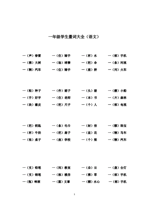 网站首页 海量文档 幼儿/小学教育 小学课件 一年级学生量词大全.