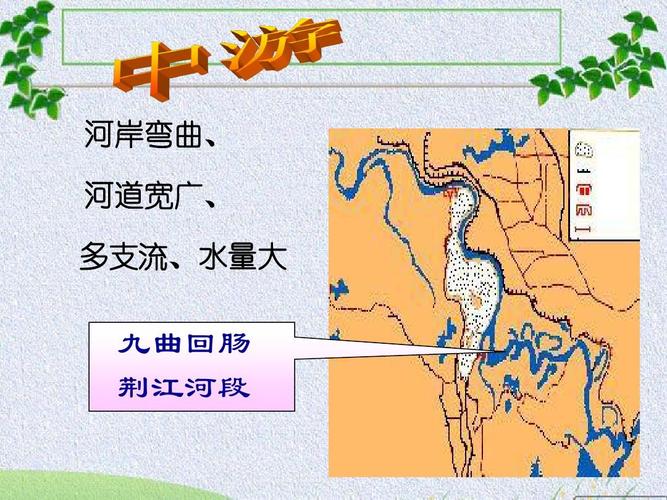 河岸弯曲, 河道宽广, 多支流,水量大 九曲回肠 荆江河段