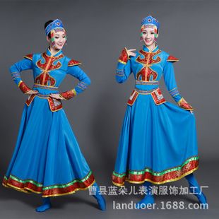 新款成人蒙古舞蹈演出服少数民族蒙古族表演服装女裙袍红色舞台装