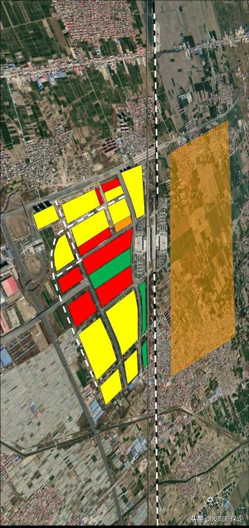 保定高铁东站用地规划示意,黄色为住宅,绿色为公园绿地,红色为商业