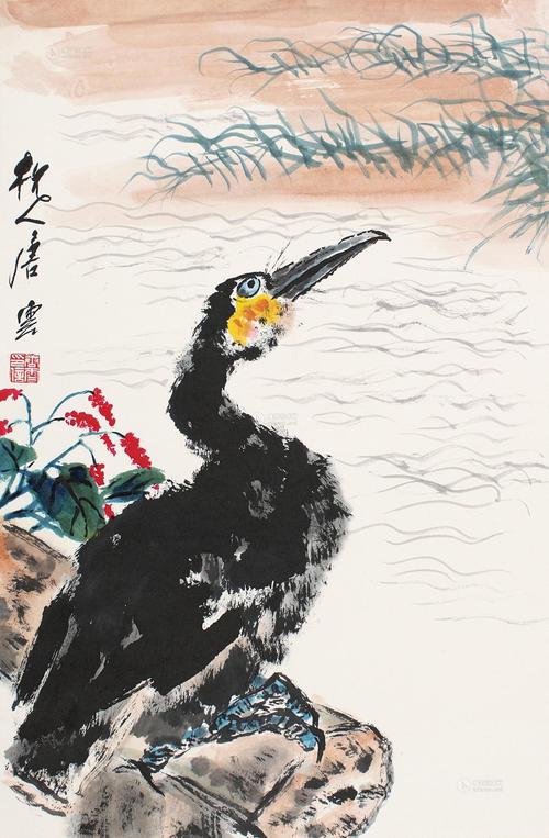 0130 红蓼鸬鹚 立轴 设色纸本