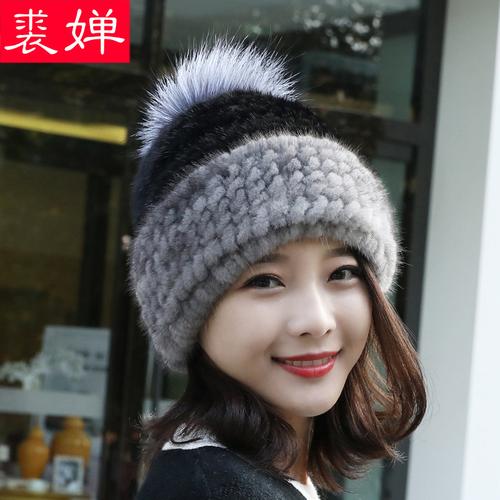 貂皮帽子女冬天貂毛编织保暖护耳水貂皮草狐狸毛球水貂绒韩版百搭