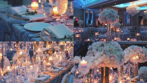 宴会会场餐桌布置水晶灯婚礼会场婚礼宴会派对聚餐聚会餐具生日宴会