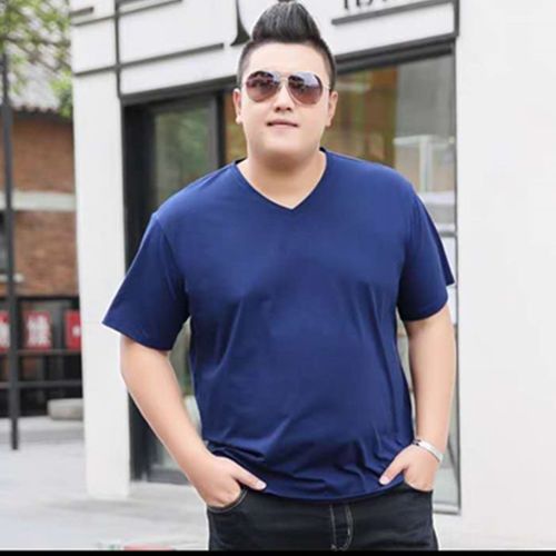 大胖子半袖男大码宽松尖领纯色潮流鸡心领短袖t男加大