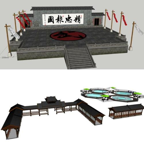 新中式徽派古建筑入口标识比武擂台亭廊景墙雕塑草图大师su模型