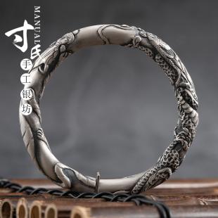 生肖龙虎银手镯龙纹老虎纯银手镯999足银原创民族风银饰男款