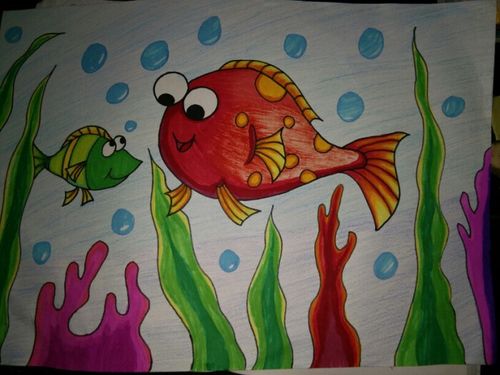 水彩笔,油画棒,彩铅 小鱼游游游