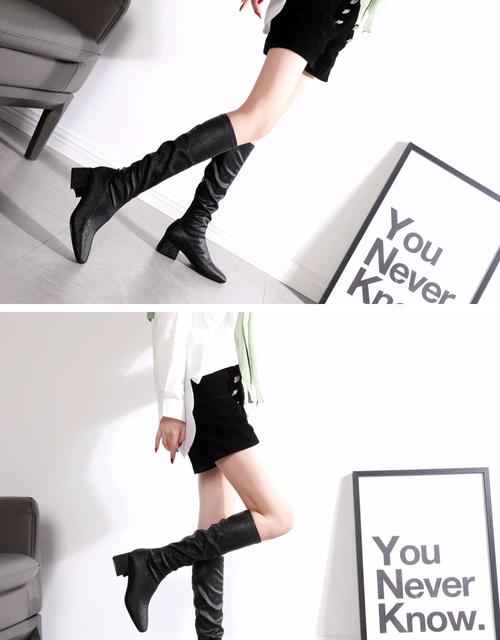 高跟方头不过膝长靴女2020年新款中跟粗跟瘦瘦靴小个子高筒靴 米白色