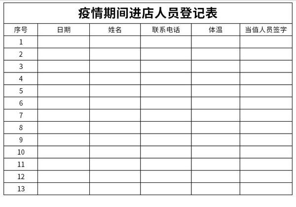 疫情期间进店人员登记表