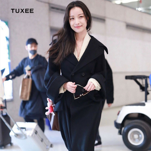 代购tuxee明星倪妮机场同款大衣2020新款黑色翻领长款毛呢外套女
