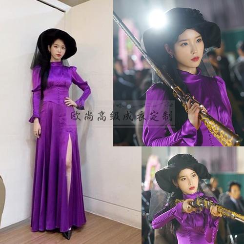 大牌同款连衣裙_高级定制德鲁纳iu李知恩同款紫色开衩长裙真丝连衣裙