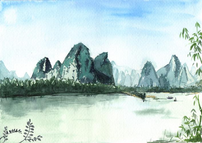 桂林阳朔兴坪的水彩插画