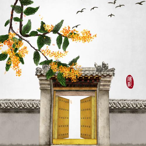 中式门春分春天四季古建筑古门飞鸟古风水墨画古风插画