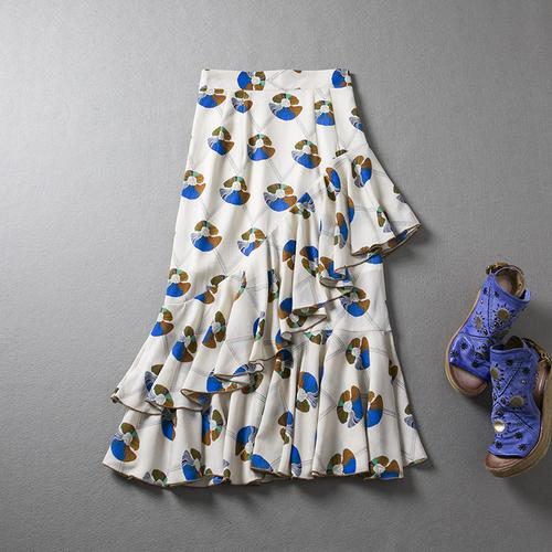印花半身裙中长款不规则荷叶边雪纺裙高腰包臀裙夏韩版潮款复古