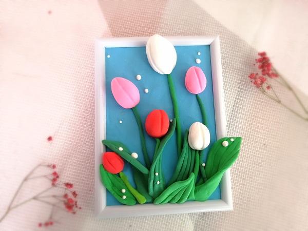 宝拉益智手工分享 简单的郁金香粘土花