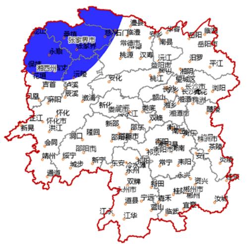 预计17日20时至18日20时,张家界,常德西北部,湘西州北部,怀化北部将
