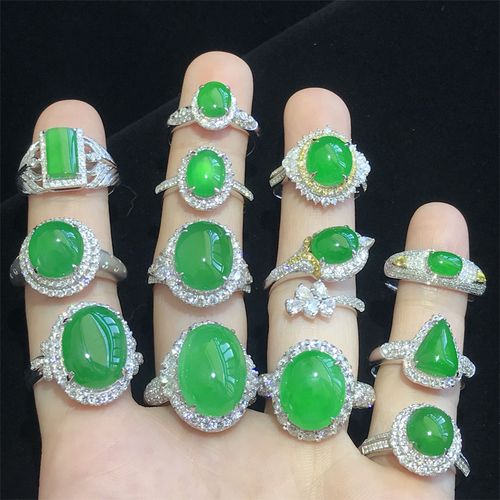 缅甸天然a货高端翡翠玉戒指面阳绿色玻璃种18k女金镶嵌冰种祼石