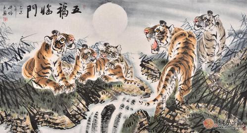 五虎送福 蒋伟六尺横幅动物画国画虎《五福临门》