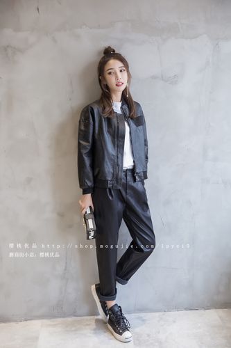 薇姬桑妮2018春秋新款帅气机车套装 皮衣夹克女短款棒球外套 bl风宽松