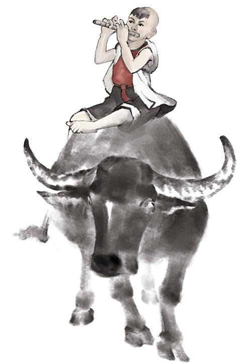 早上太阳露出半边脸的时候,牧童就拿着自己的笛子,上山放牛去了.