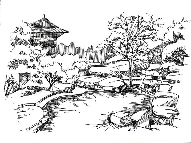 手绘线稿风景人物