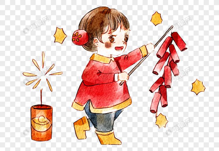 手绘放鞭炮的小女孩