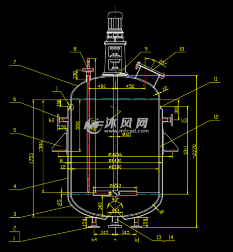 溶解釜cad图纸 - 反应压力容器图纸 - 沐风网
