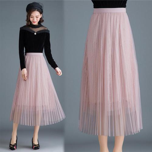 苏宁优品新款春季女士百褶纱裙中长裙百搭订珠亮丝显瘦淑女裙子女半身