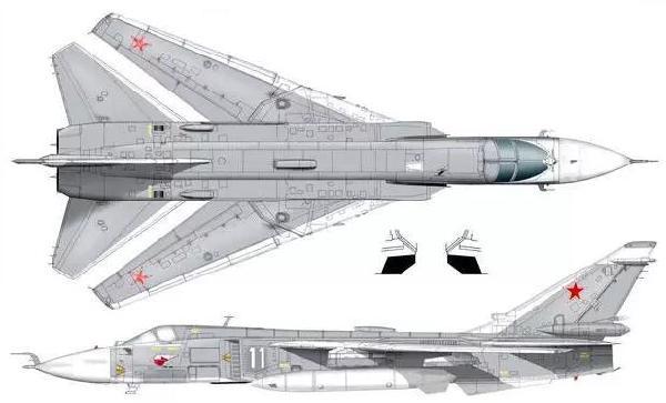 苏-24战斗轰炸机的俯视图和侧视图