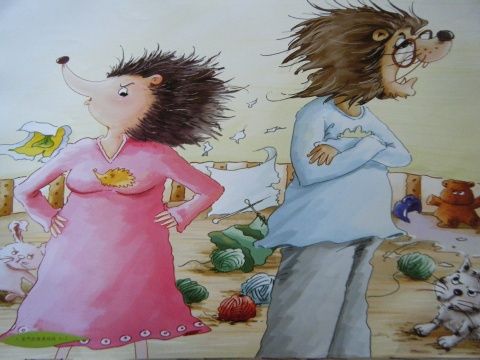 妈妈生气了,像长满刺的刺猬.爸爸扭过头去不理妈妈.