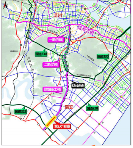 (瑞安段)地理位置图 sj01标段拟建永宁大桥  北起飞云江北岸瑞光大道