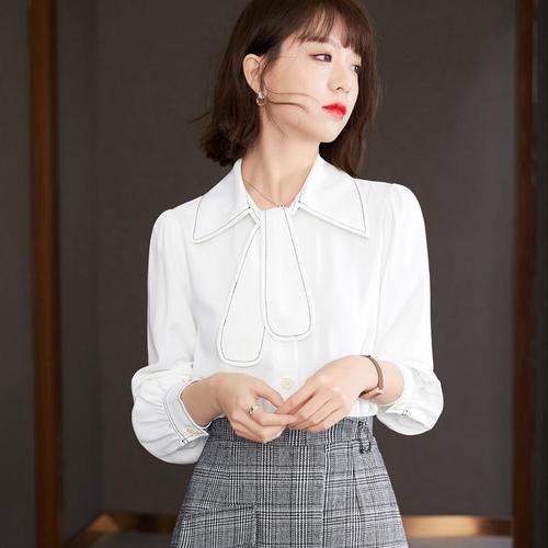职业白色衬衫女士2021春款时尚蝴蝶结领带别致上衣设计感法式衬衣参数