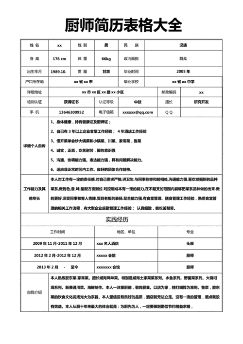 厨师简历表格大doc8页