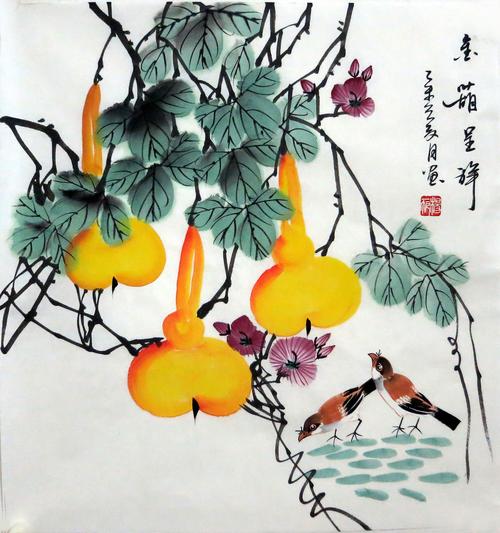 纯手绘真迹水墨画客餐厅装饰字画葫芦花鸟国画三尺斗方书画作品_7折