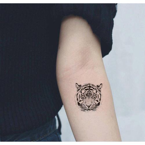 喵小姐手绘黑白老虎头图腾纹身贴防水男女仿真手臂刺青欧美纹身贴