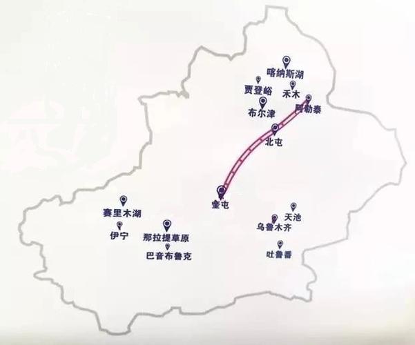 奎阿铁路,由兰新铁路奎屯站引出,向北经七师胡杨河市,克拉玛依市,福海