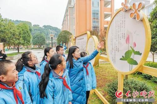 昨日,仰天湖桂花坪小学的同学们在党风廉政建设文化长廊上学习.