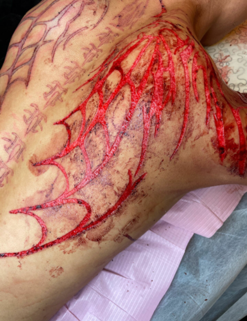 背后肉雕翅膀网纹身图案男满背翅膀割皮纹身欣赏4