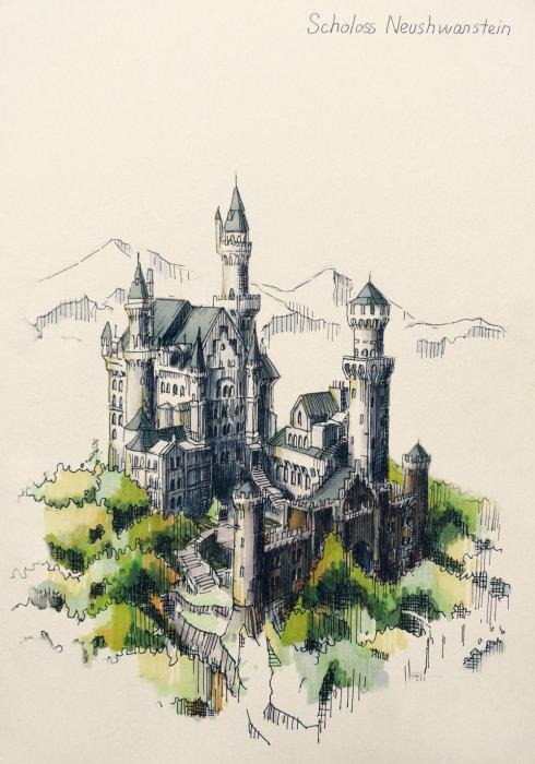 手绘新天鹅堡