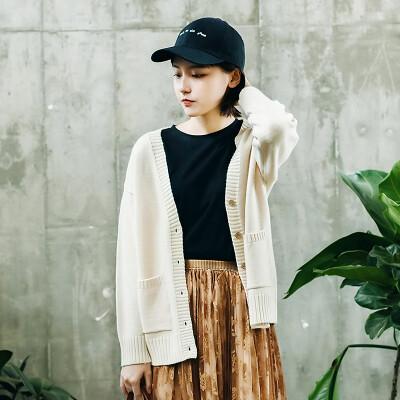 鹿笙7150香草 米色开衫女短款秋季2017新款外搭宽松v领毛针织衫