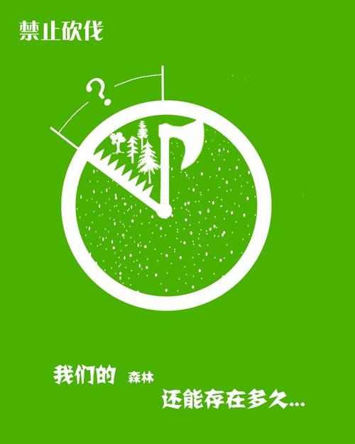 禁止砍伐,整体展现的是一个钟表剪影,里面的时针和分针用锯子和斧头来