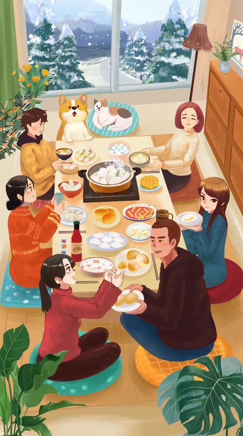 节日聚会同事聚餐美食团建欢乐插画