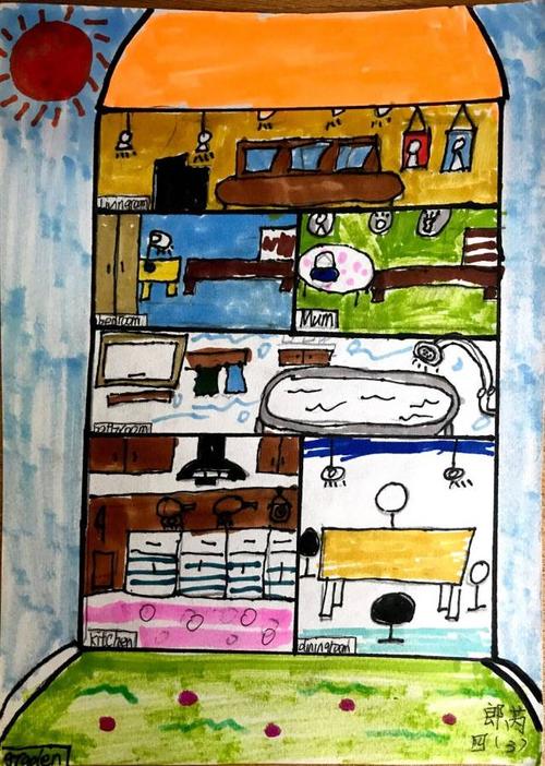 四年级全体同学一起参与了以"梦想的房子或学校"为主题的英语创意画