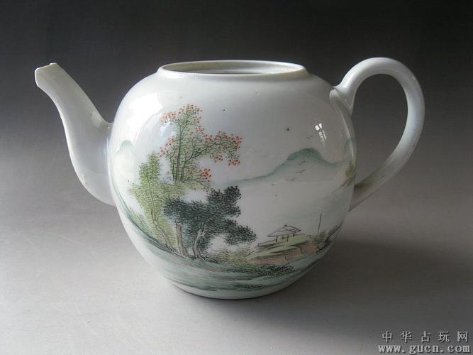 民国-浅绛彩-莲溪陶绘款-山水茶壶(标本,精残)