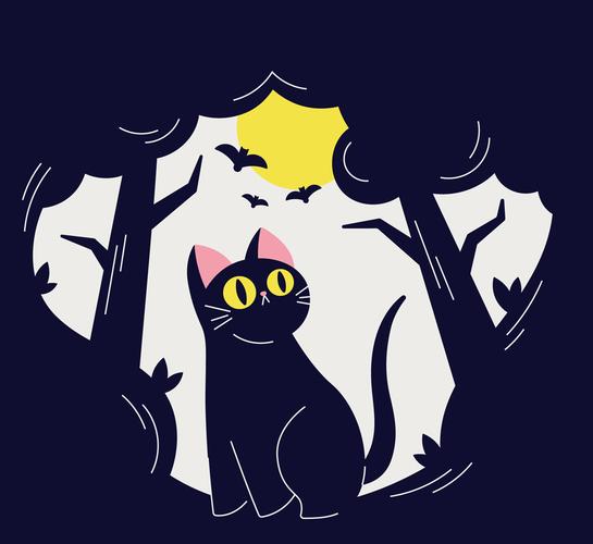 创意暗夜森林里的黑猫矢量素材