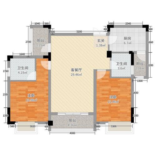 东方国际花园2室2厅2卫1厨101.00㎡户型图