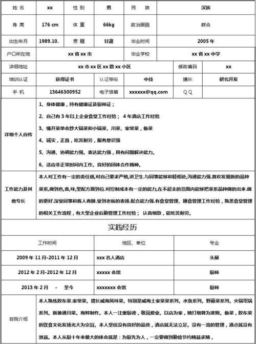 厨师简历表格大全_word文档在线阅读与下载