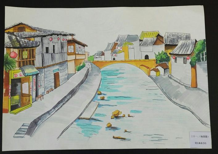 《江南水乡》注意前后,远近,虚实关系的处理,运用场景,人物表现水乡