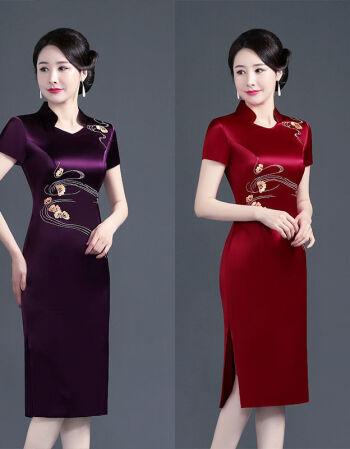 喜婆婆婚宴高贵喜庆服装婚礼妈妈装礼服醋酸缎刺绣高贵喜婆婆婚宴旗袍